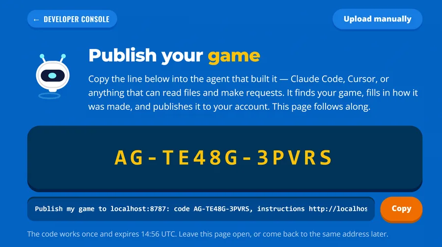 The upload page, showing a pairing code like AG-3DVT6-WTHMV and the line to copy
